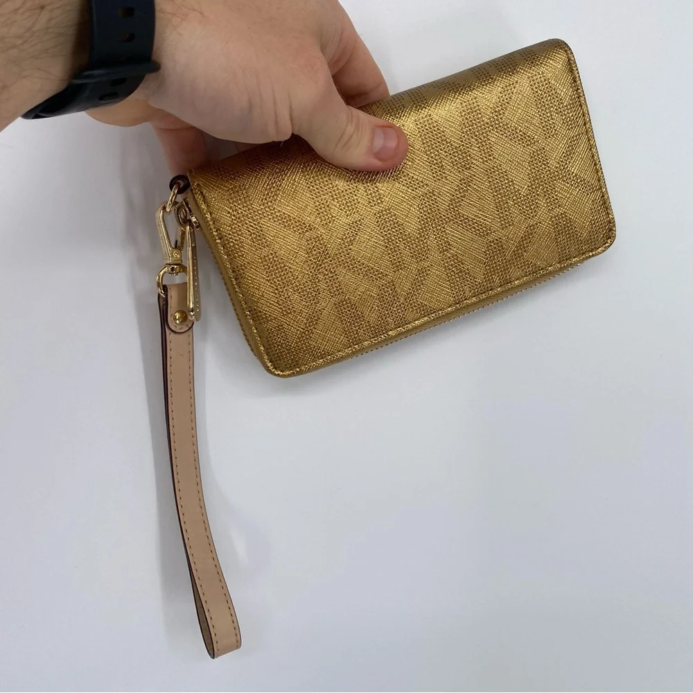 Michael Kors Gold Logo Wristlet Zip Wallet with Card Slots - Picture 4 of 6